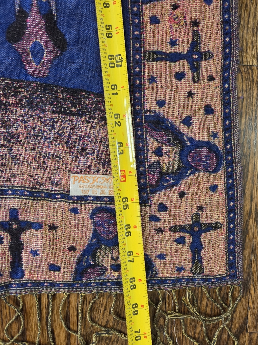Religous Blue Pashmina & Silk Shawl, Scarf with Gold Trim - Picture 7 of 8